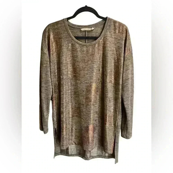 Soft Surroundings High Low Tan Royale Long Sleeve Tee Metallic Tunic - Picture 2 of 8